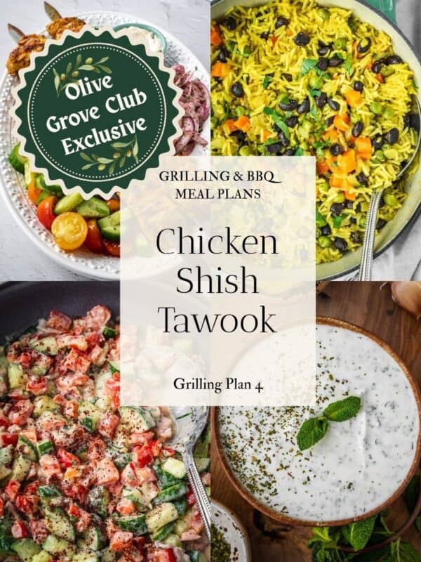 Collage of images including grilled chicken shish tawook skewers, vegetable rice pilaf in a pot, creamy tahini salad and yogurt sauce.
