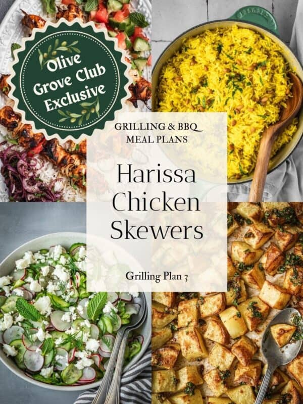 Collage of images including grilled harissa chicken skewers on a platter, yellow rice in a pot, cucumber radish salad in a bowl and roasted potatoes on a tray.