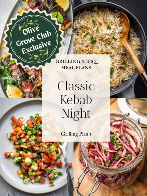 Collage of images including beef shish kebabs on a platter, vermicelli rice in a bowl, chopped salad and marinated onions.