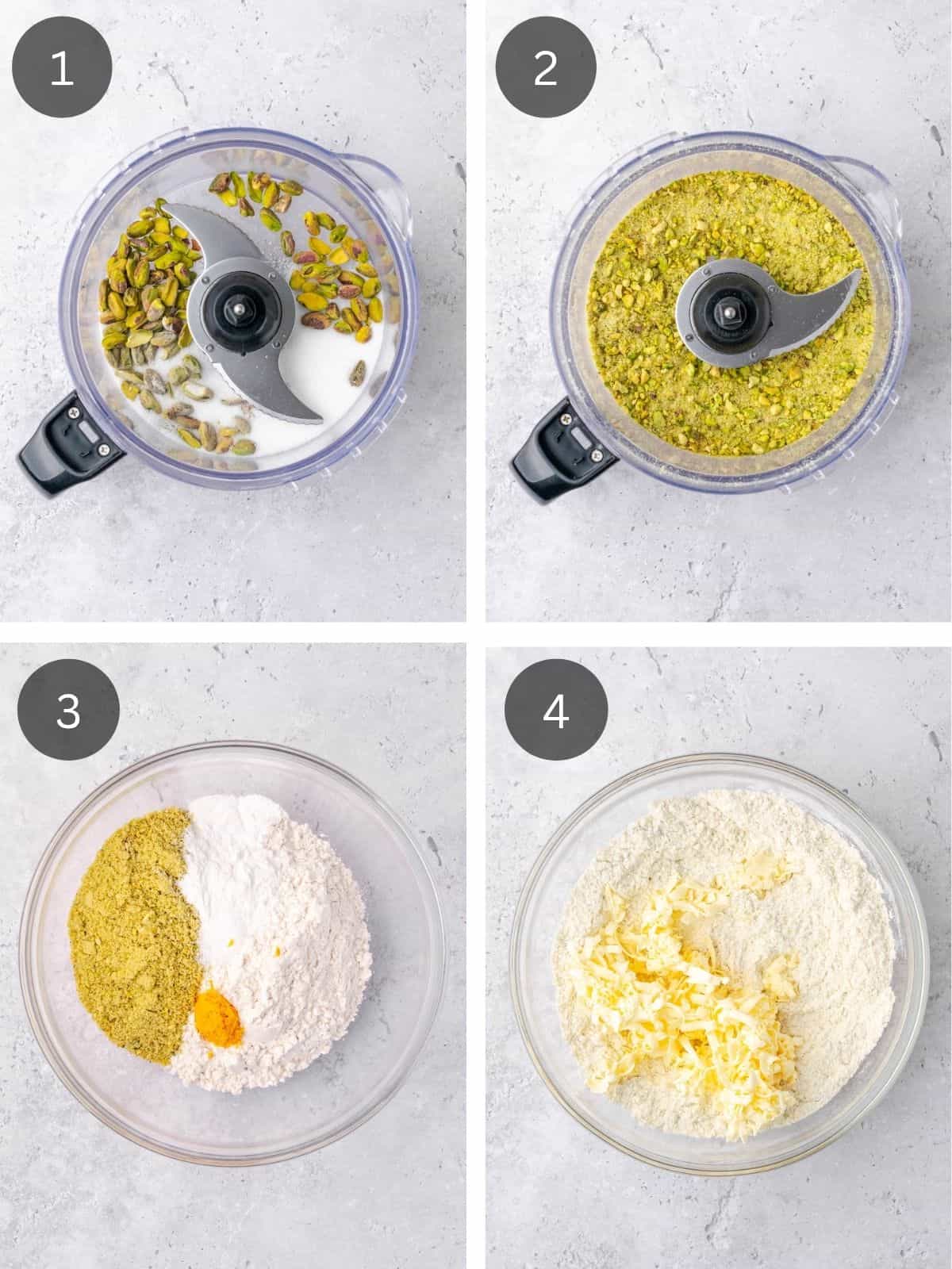 Recipe steps showing how the pistachios are ground in a food processor and then added to the dry ingredients.