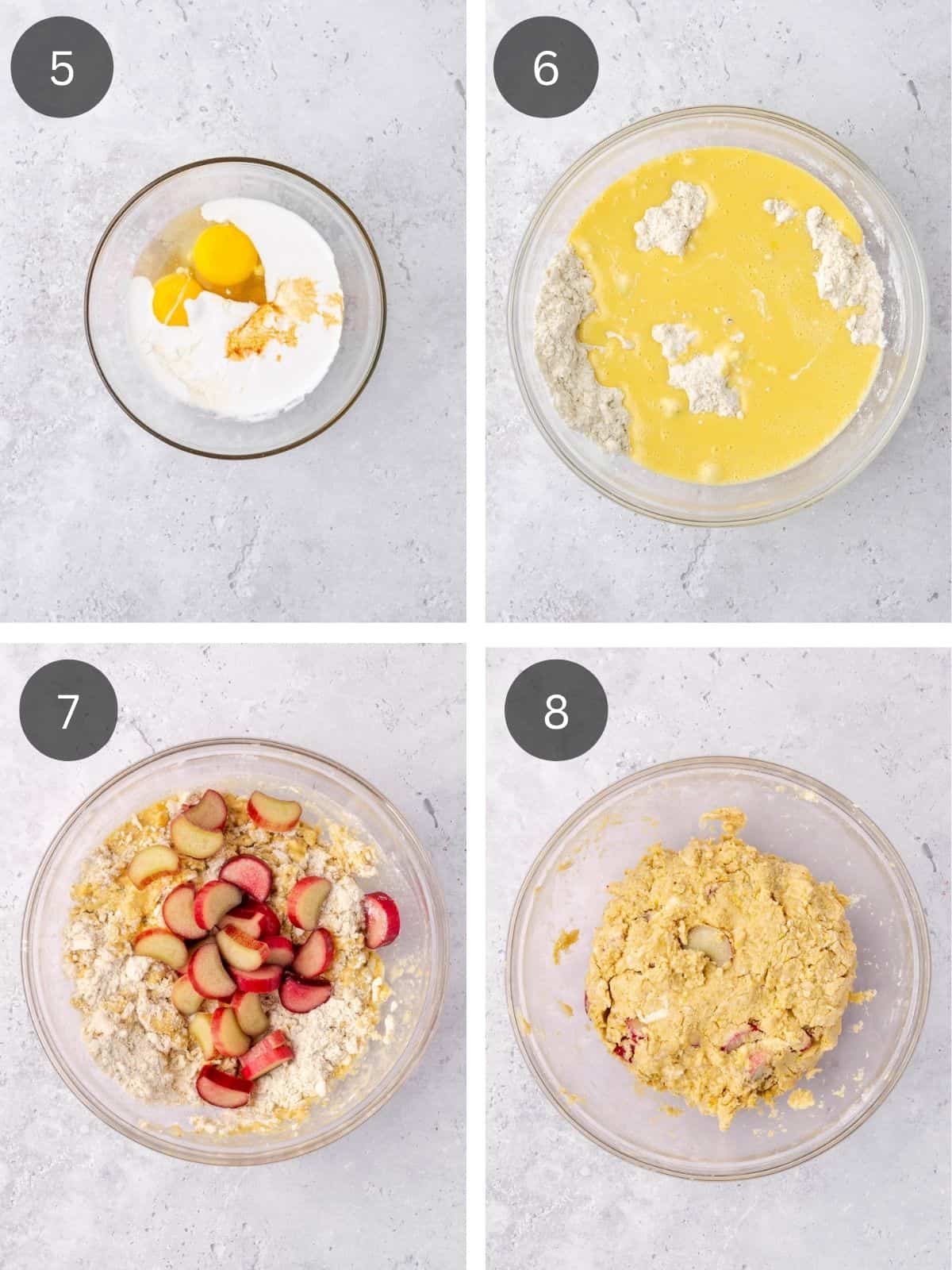 Recipe steps showing the mixing of the wet ingredients, folding the wet ingredients into the dry, and adding the rhubarb chunks.