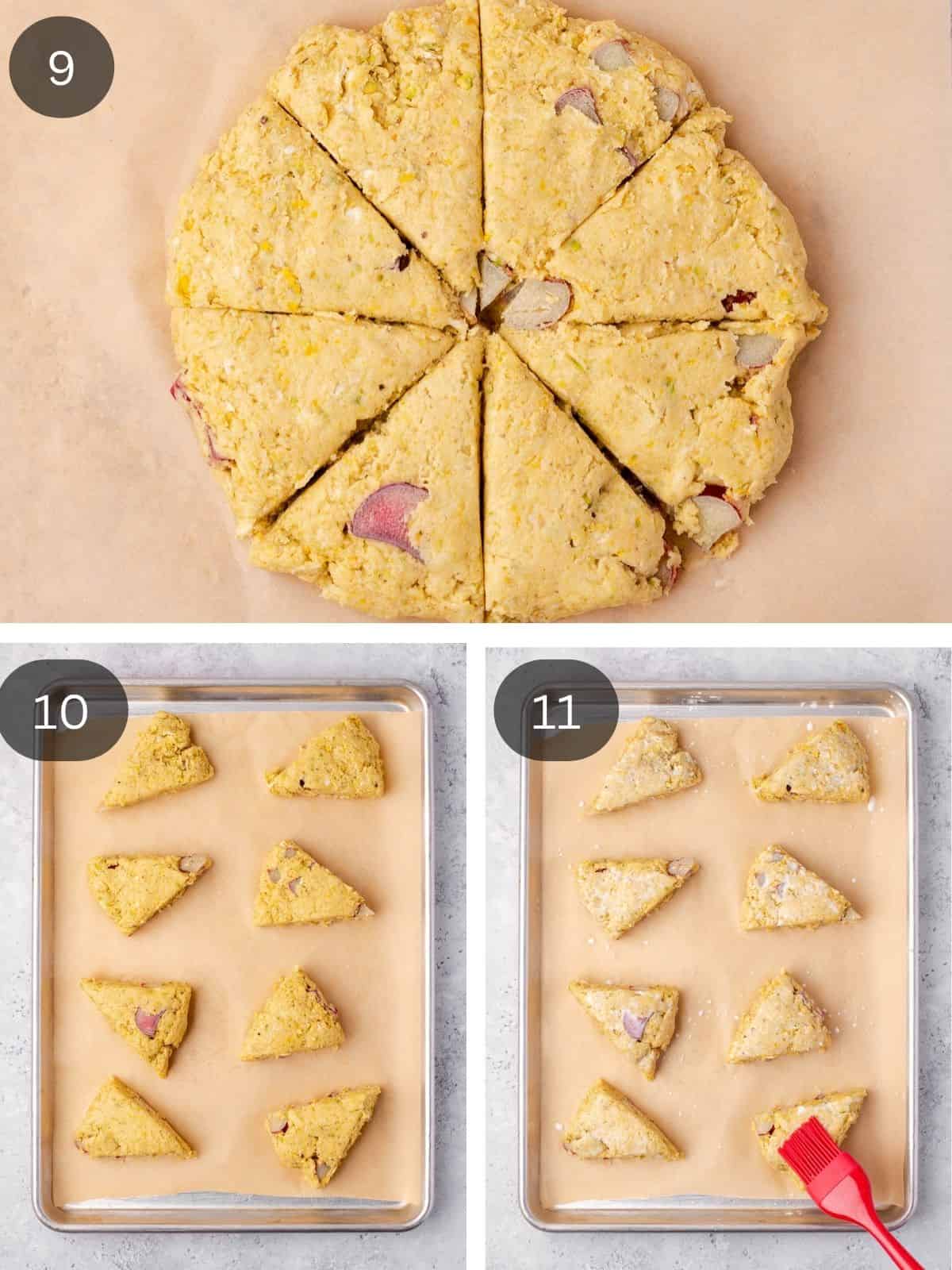 Recipe steps showing the forming of the scones, cutting them into portions and placing them on a parchment paper-lined baking sheet.