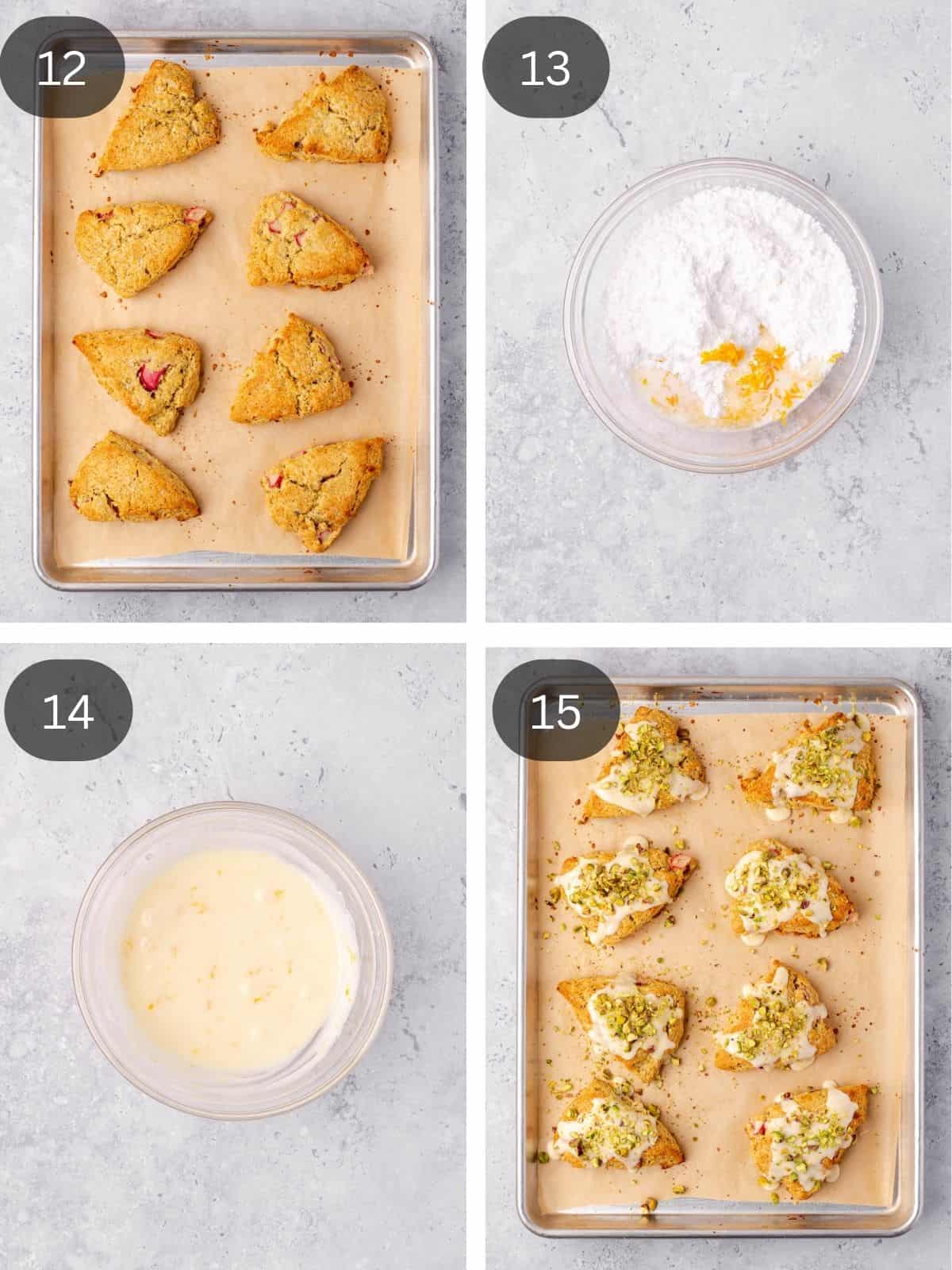 Recipe steps showing the baked scones, the making of the orange glaze and the final garnish with pistachios.