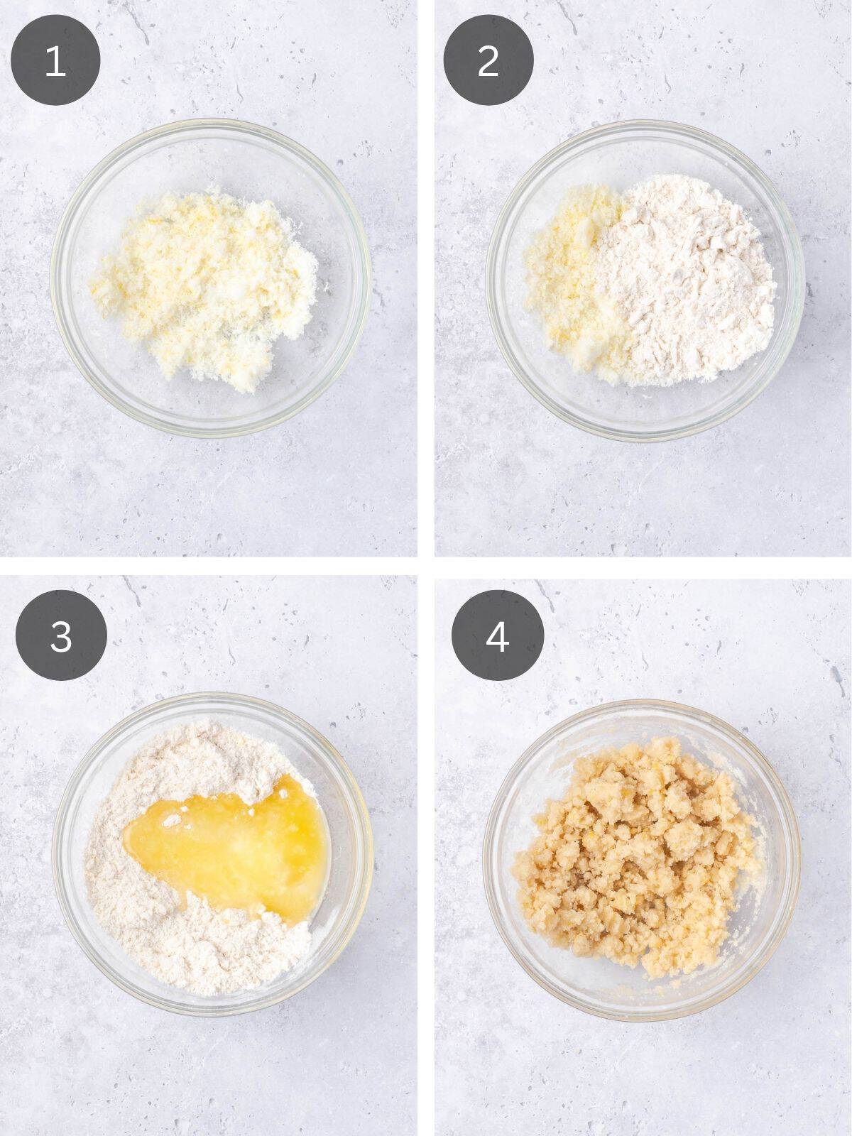 Recipe steps showing how the lemon is massaged into the sugar and the streusel topping is prepared.