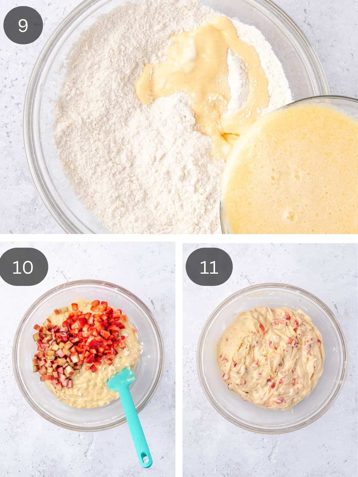 Recipe steps showing the wet ingredients being folded into the dry and the fruit being added to the batter.
