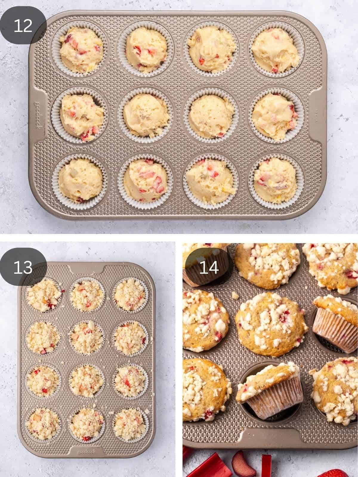 Recipe steps showing the portioning of the muffin batter into a muffin tin, the streusel topping being added, and the final bake.