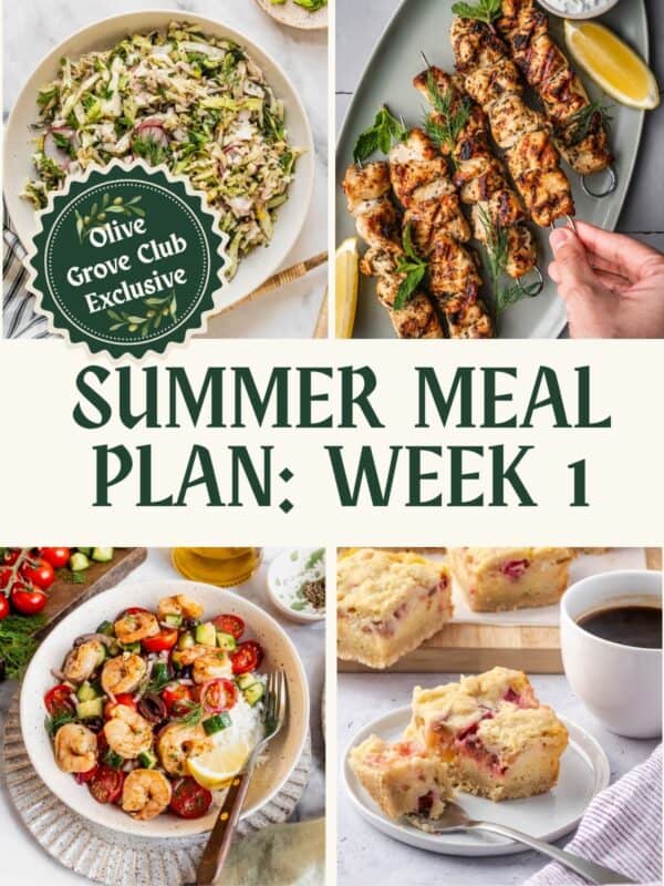 Collage of different recipes including pasta with pesto, grilled chicken, pita bread and coleslaw.