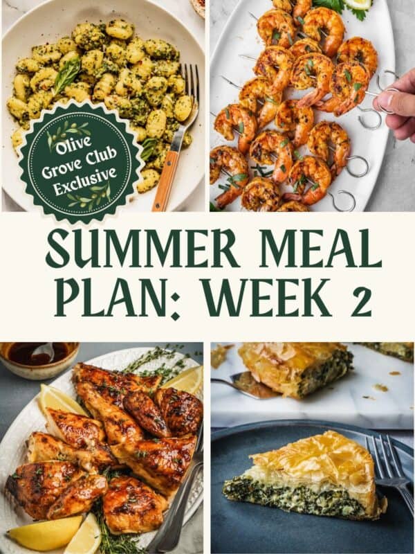 Collage of different recipes including pasta with pesto, grilled shrimp, focaccia and roast chicken.
