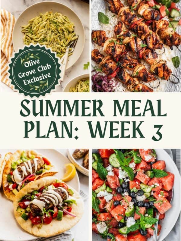 Collage of recipes including grilled chicken skewers, pesto pasta, turkey kofta pitas, and watermelon salad.