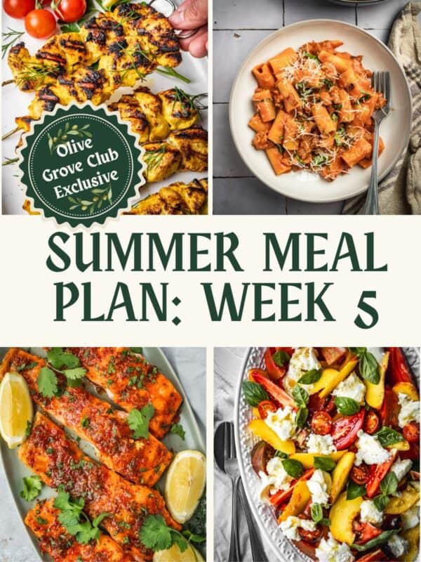Collage of different recipes, including Persian saffron chicken, sausage tomato pasta, honey harissa salmon filets and peach tomato caprese salad.