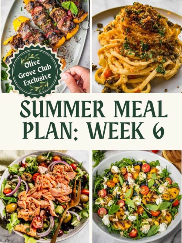Collage of recipes including grilled beef shish kebabs, pesto pasta, salmon salad, peach salad and more.