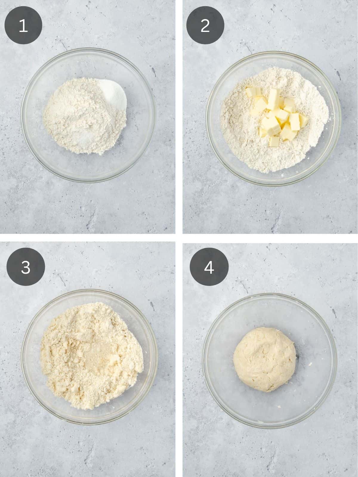 Recipe steps showing how the dough is made by combining flour, sugar with butter and water.