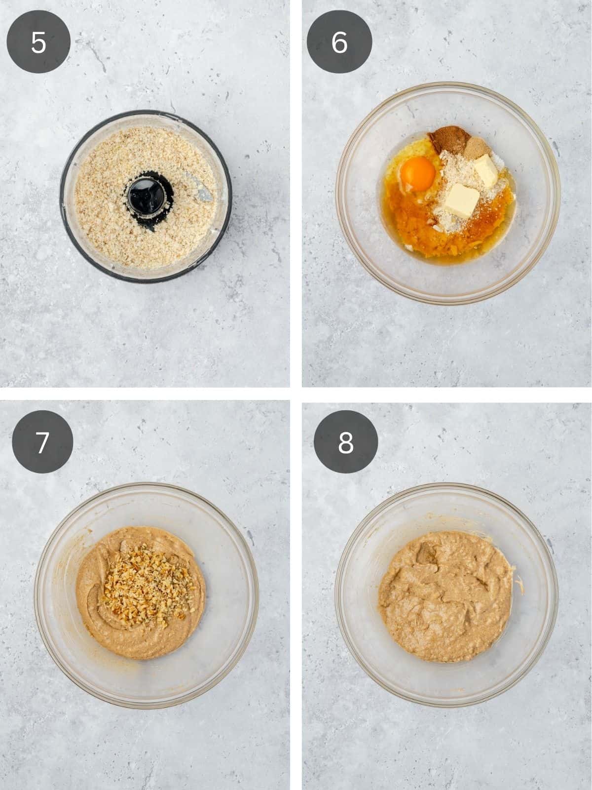 Recipe steps showing how the walnut frangipane is made by combining walnuts with sugar, eggs, butter and spices.