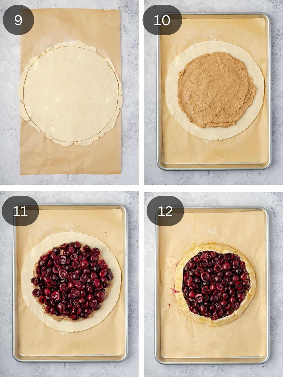 Recipe steps showing how the dough is rolled, topped with the walnut frangipane, the cherries an then crimped.