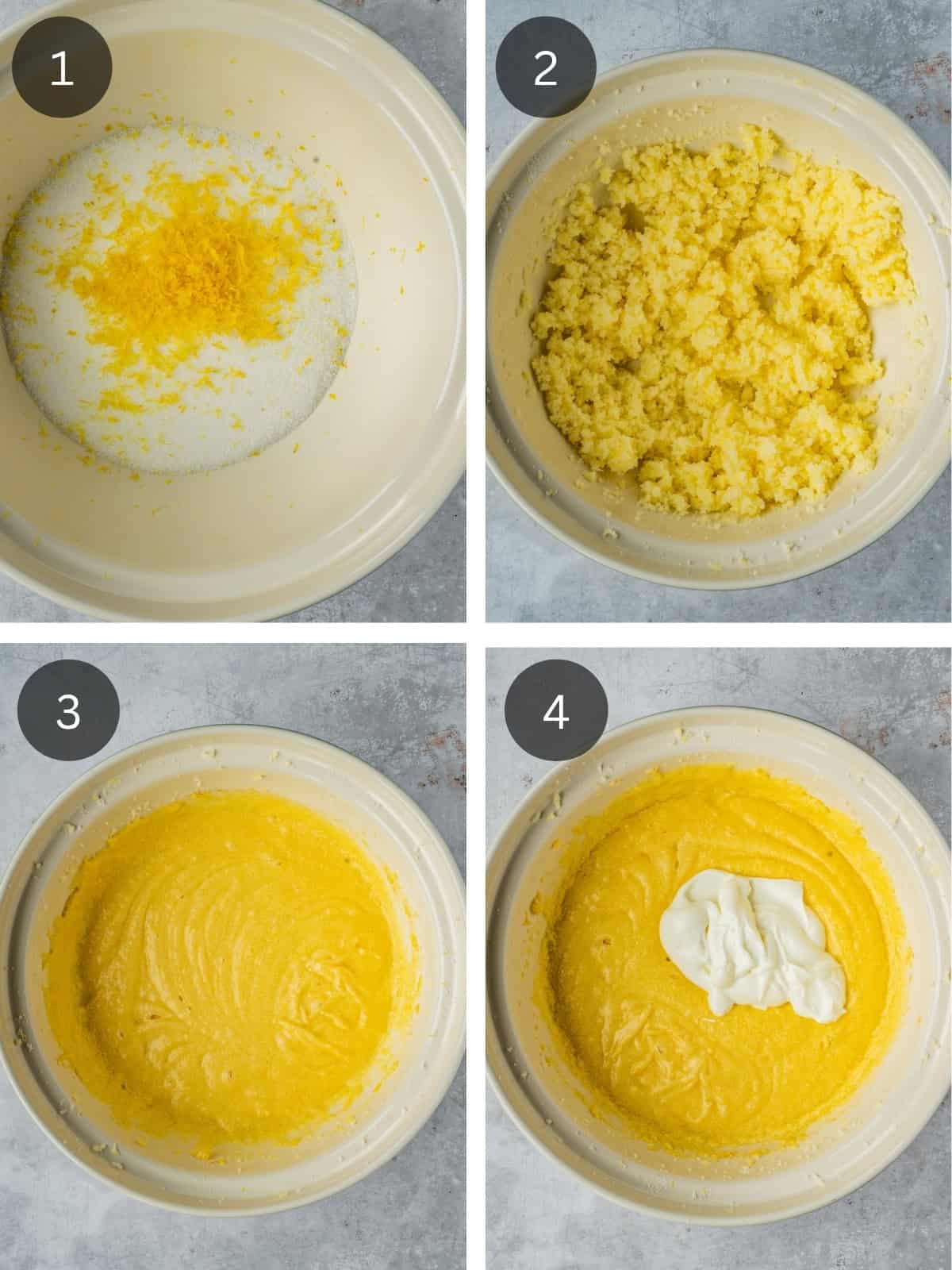 Recipe steps showing the lemon sugar being made, the butter getting creamed and the wet batter getting prepared.