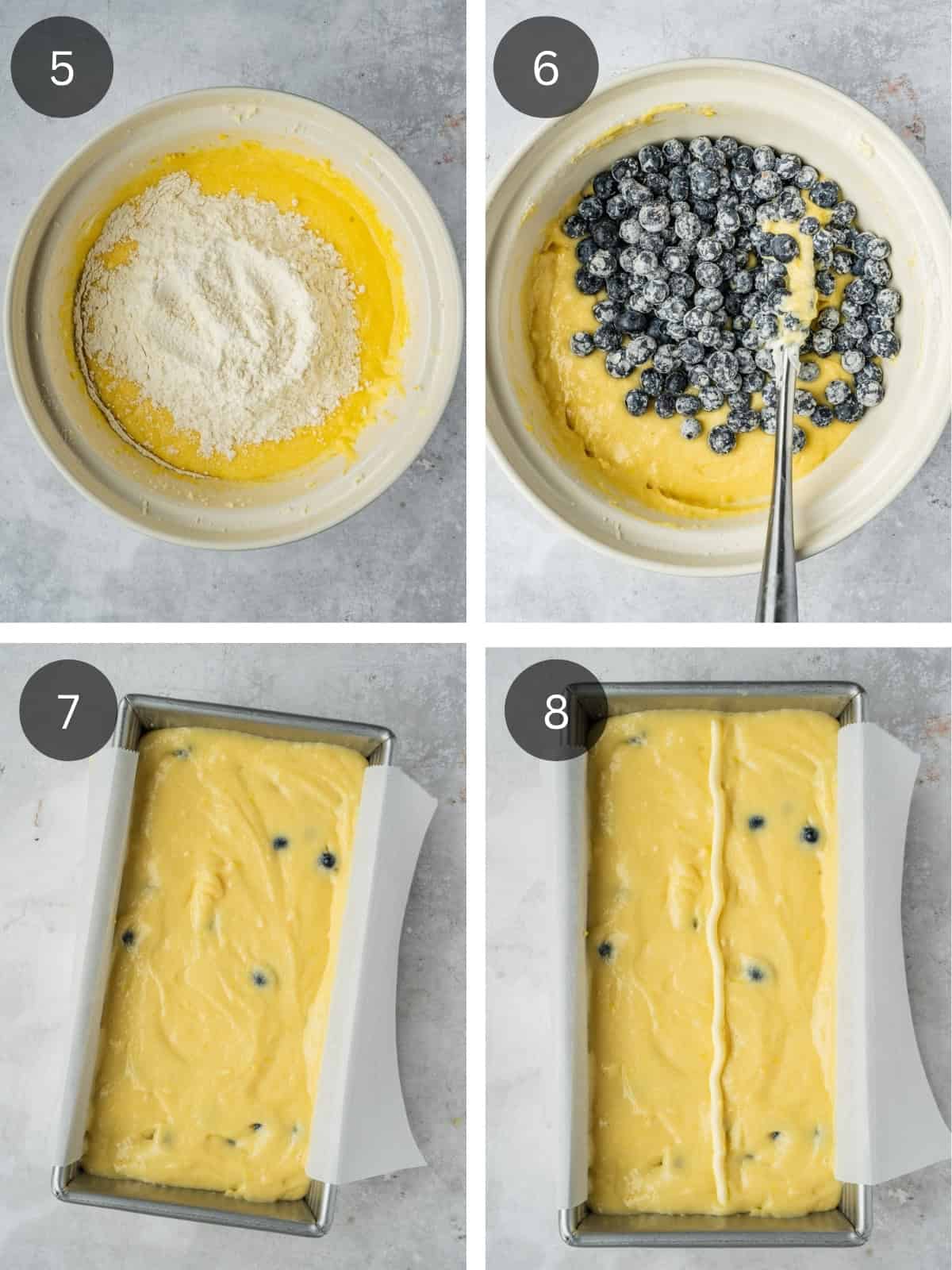 Recipe steps showing the dry ingredients and blueberries getting folded into the batter, and then the batter getting poured into the prepared tin.