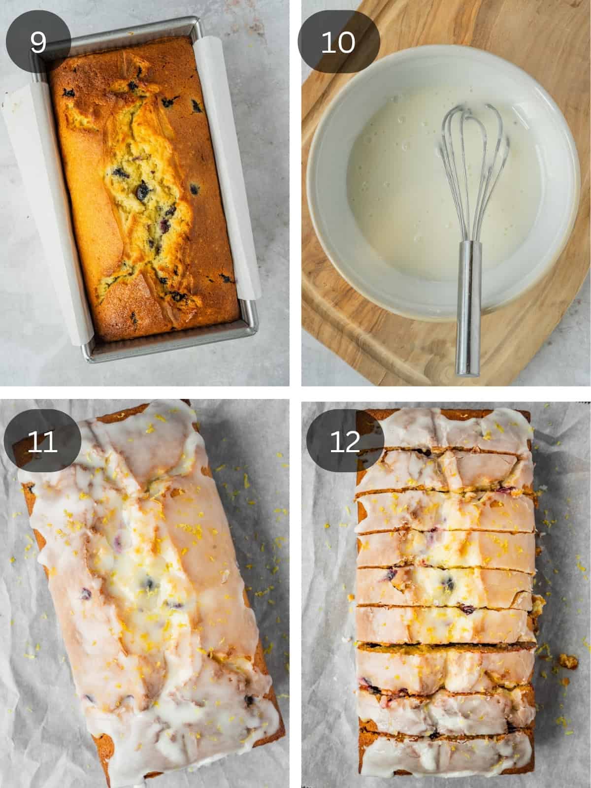 Recipe steps showing the finished bake, the icing being prepared and drizzled overtop the cooled loaf.