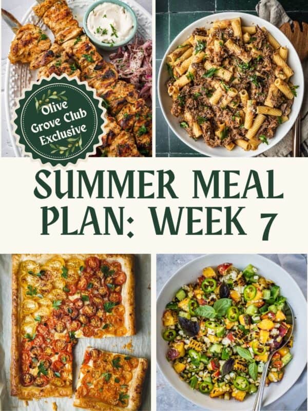 Collage of recipe images including chicken shish tawook, cherry tomato puff pastry tart, pasta with meat sauce and corn salad.