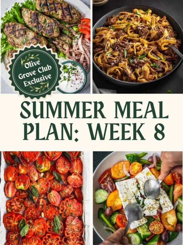 Collage of recipe photos including beef kofta, a beef pasta dish, roasted tomatoes with herbs and a Greek salad with Feta.