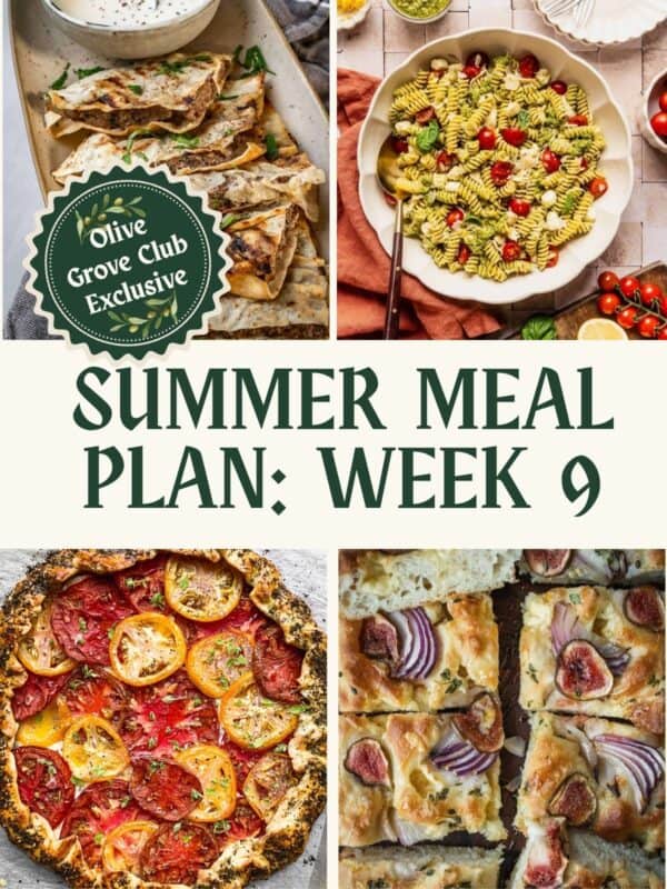 Collage of recipe images including meat stuffed pita, chicken pesto pasta, tomato galette and fig onion focaccia.