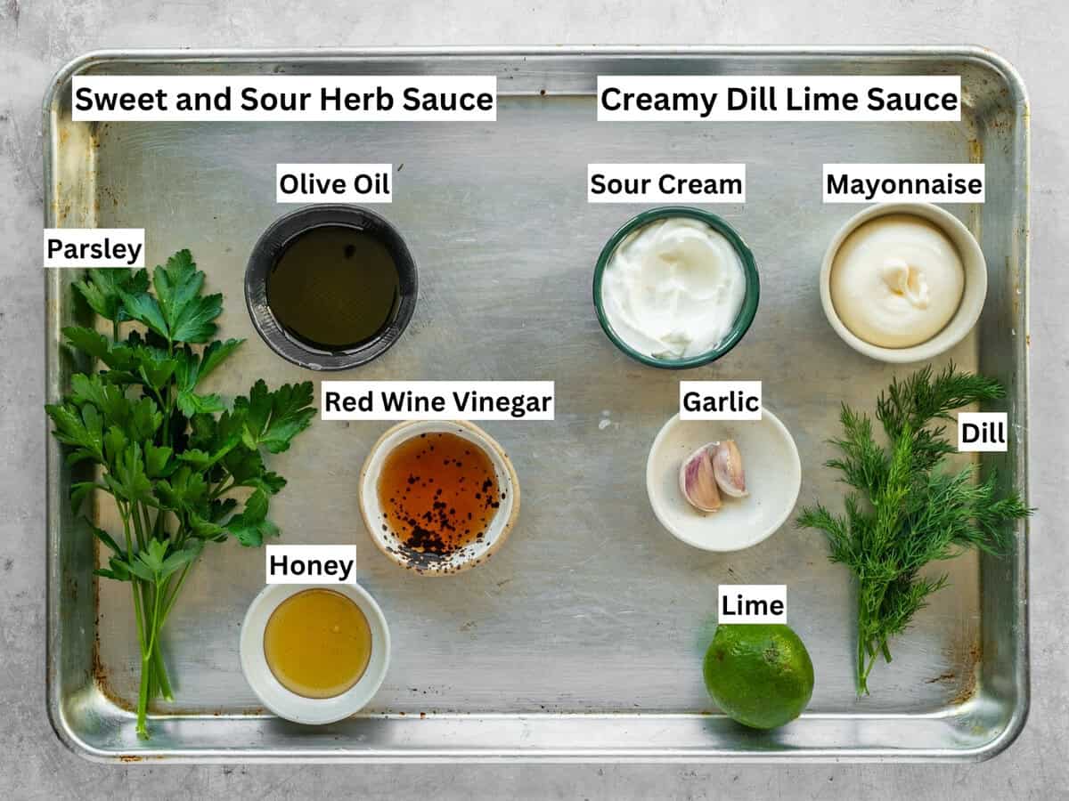 Sauce recipe ingredients with individual labels on metal tray.