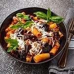 Pasta alla Norma with eggplant, basil and ricotta in a bowl.
