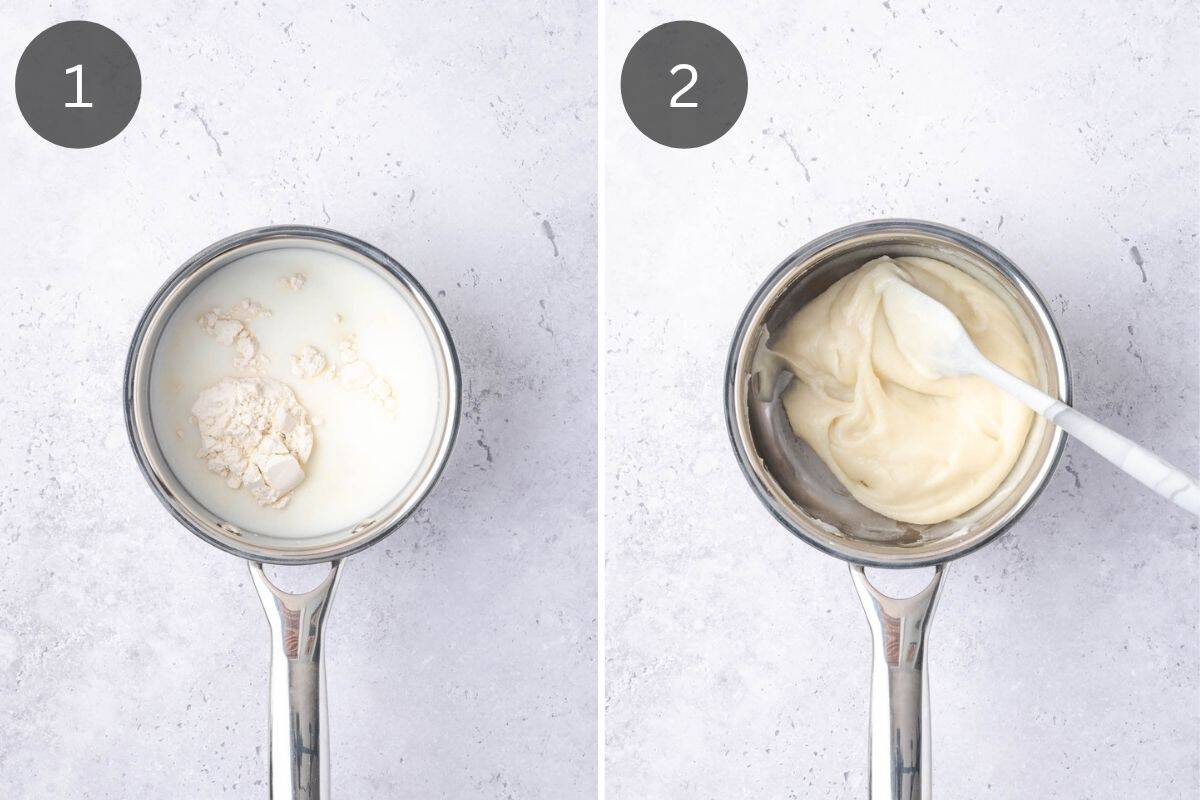 Recipe steps showing how the tangzhong is prepared in a small pot by cooking flour, milk and water together.