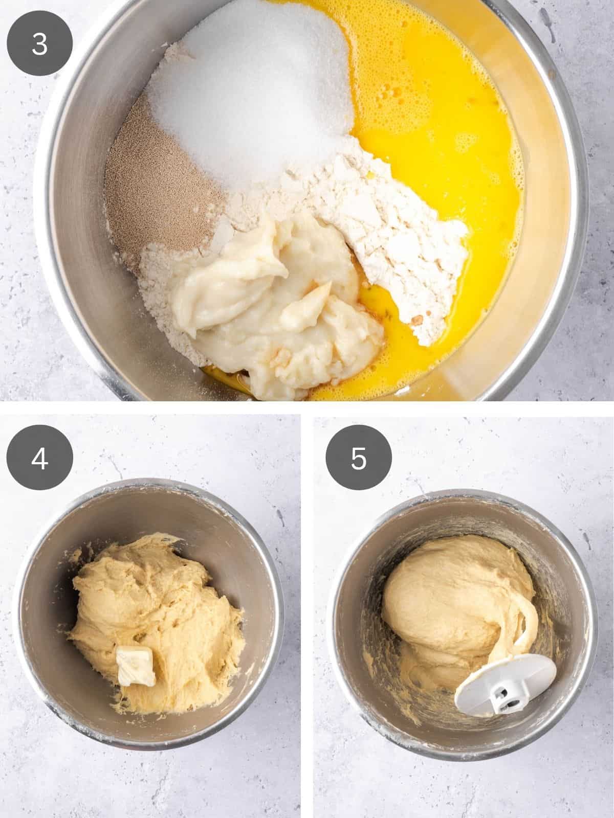 Recipe step showing how the dough is made in a stand mixer bowl.