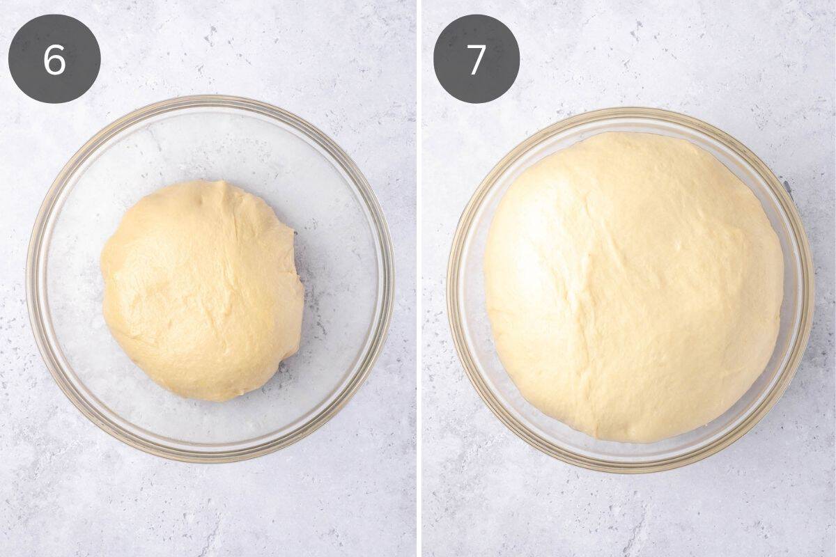 Recipe step showing how the dough ball in an oiled bowl, before and after rising.