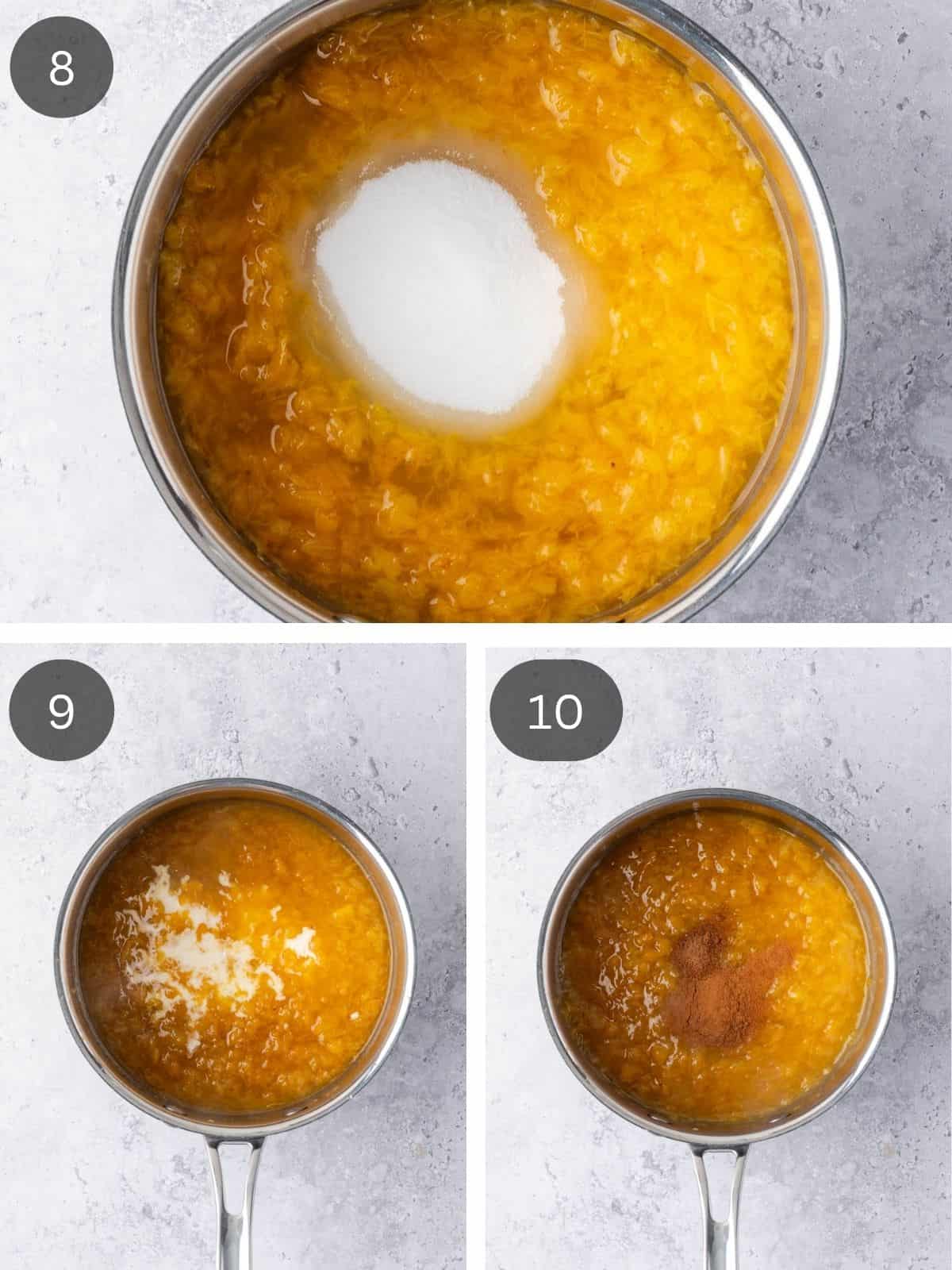 Recipe steps showing how the peach filling is prepared in a pot.