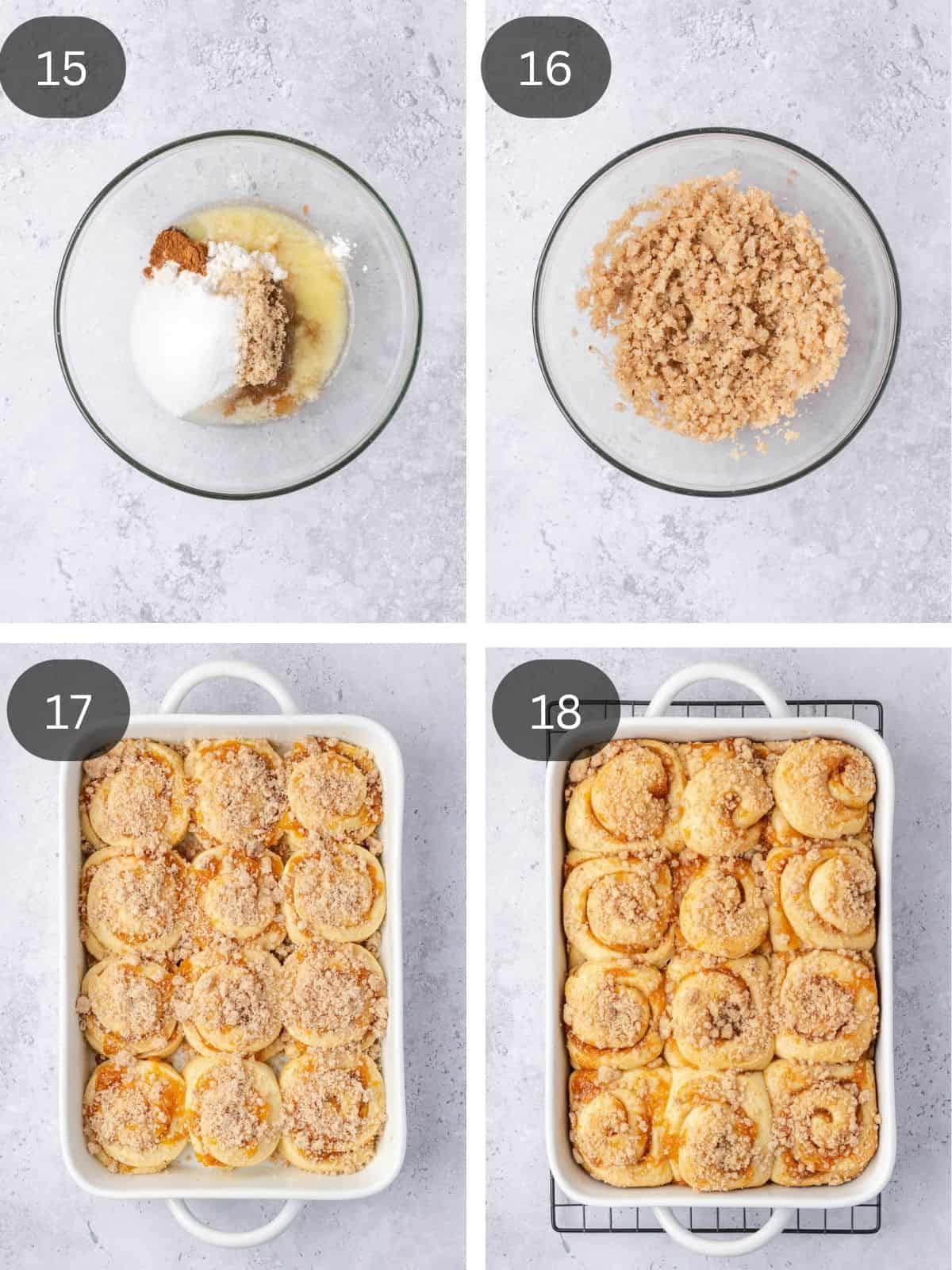 Recipe steps showing the streusel topping being made in a bowl, then added to the risen buns before baking.