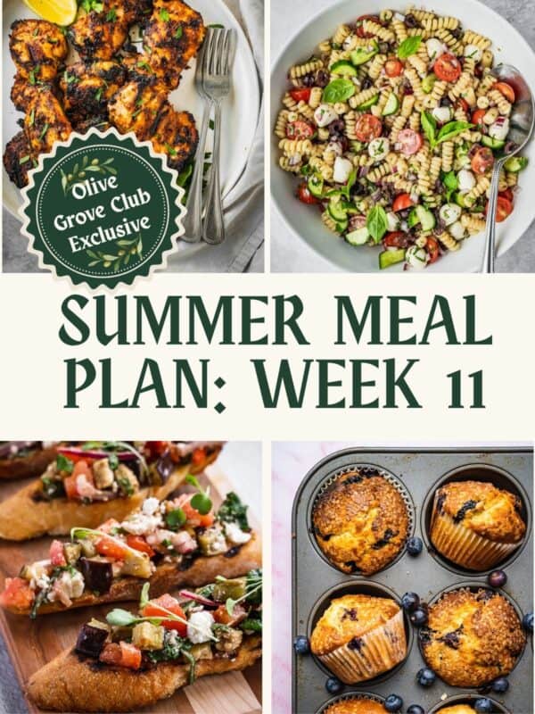 Collage of recipe photos including piri piri chicken thighs, pasta salad with olives, cheese and tomatoes, eggplant bruschetta, blueberry muffins.