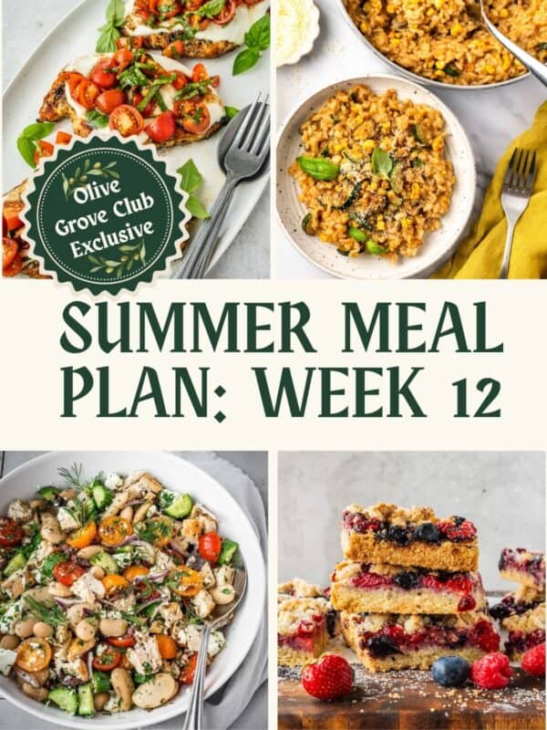 Collage of recipes including Grilled Chicken Margherita, Summer Risotto with Corn and Zucchini, Greek Chicken Salad, Triple Berry Bars.