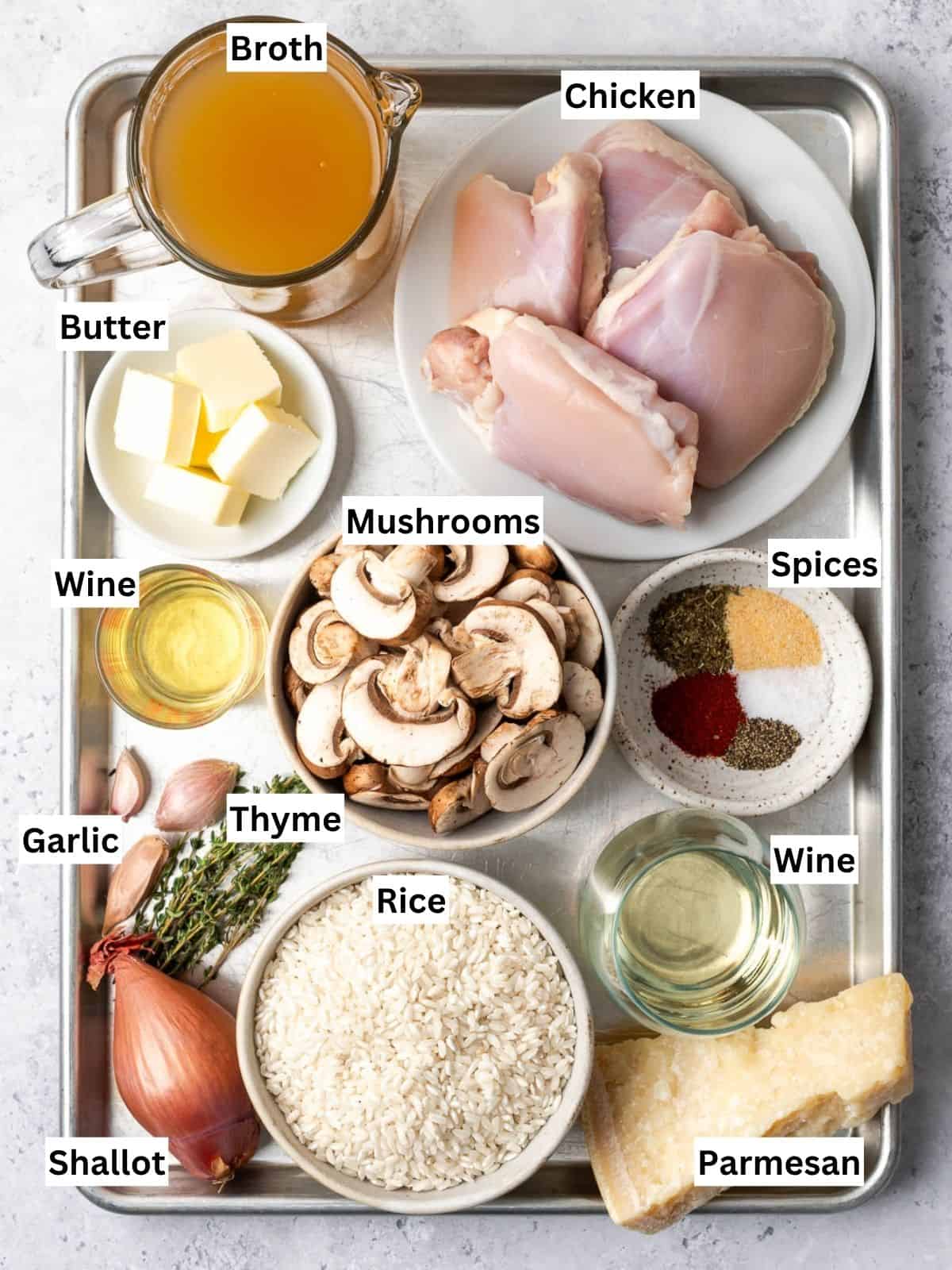 Chicken and Mushroom Risotto recipe ingredients with individual labels on a metal tray.