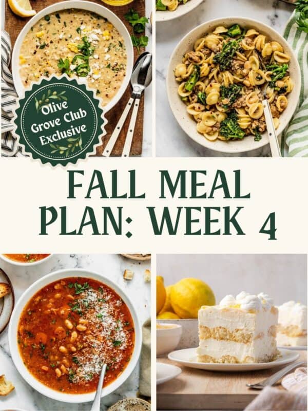 Recipe image collage including white chicken chili, pasta with sausage, tomato bean soup and lemon tiramisu.