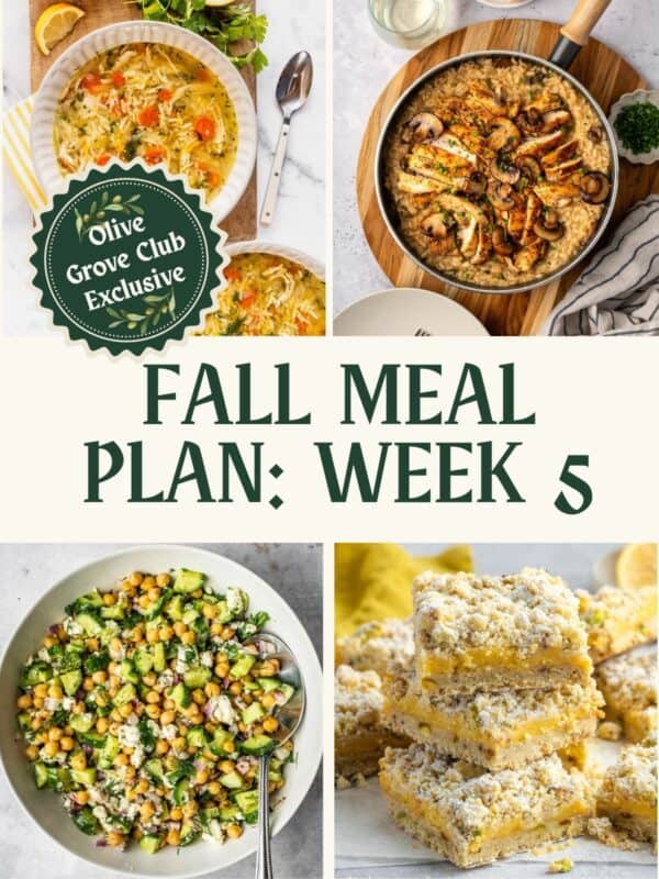 Collage of recipes including lemon chicken orzo soup, chicken mushroom risotto, chickpea cucumber salad and pistachio lemon bars.