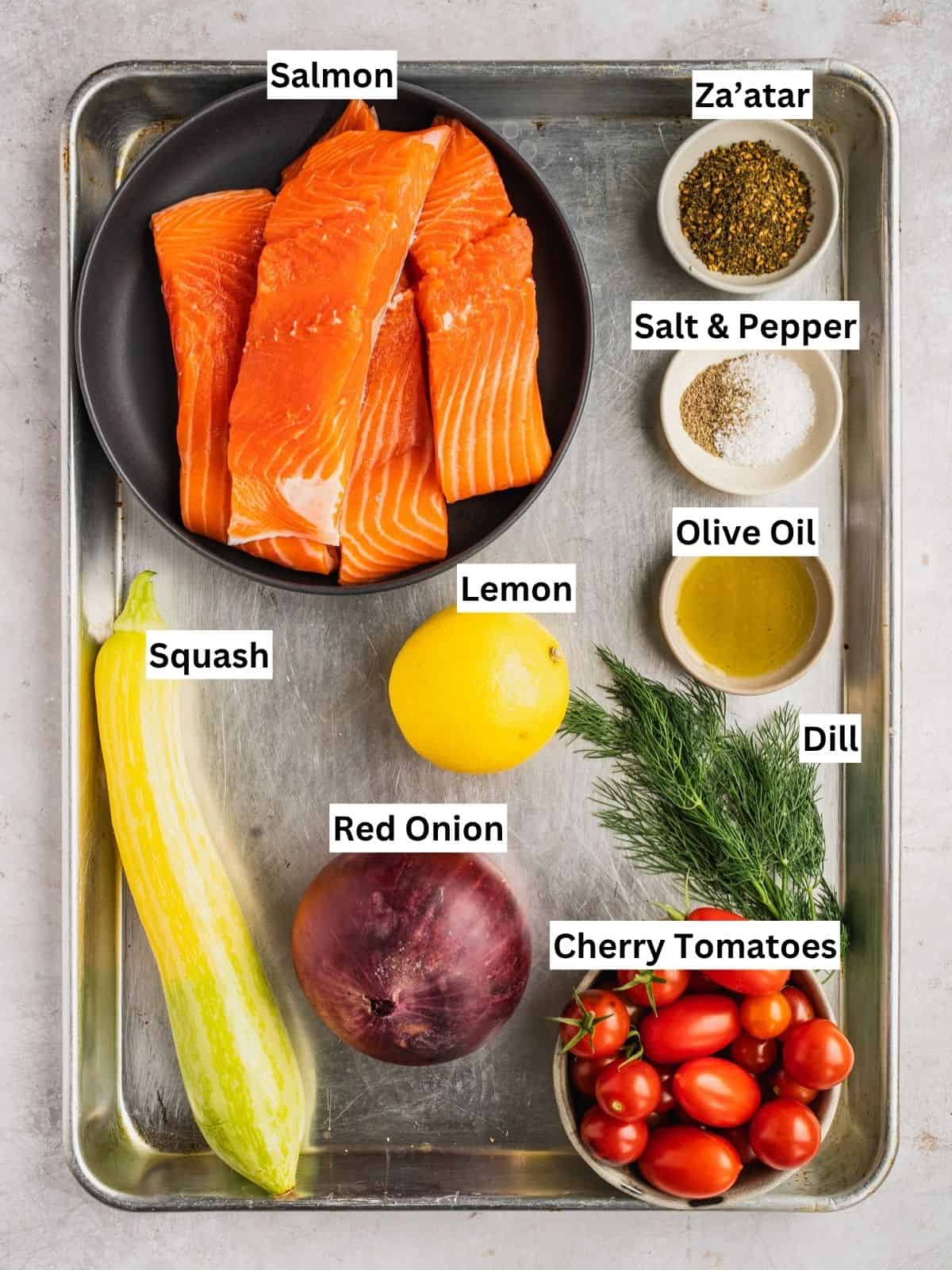 One-Pan Baked Za’atar Salmon recipe ingredients with individual labels on a metal tray.