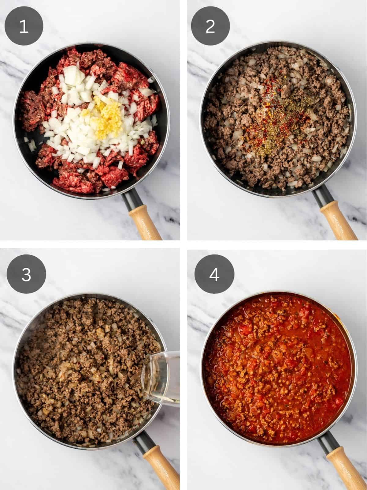 Recipe steps showing the cooking of the ground beef, seasoning it, and adding the tomato sauce.
