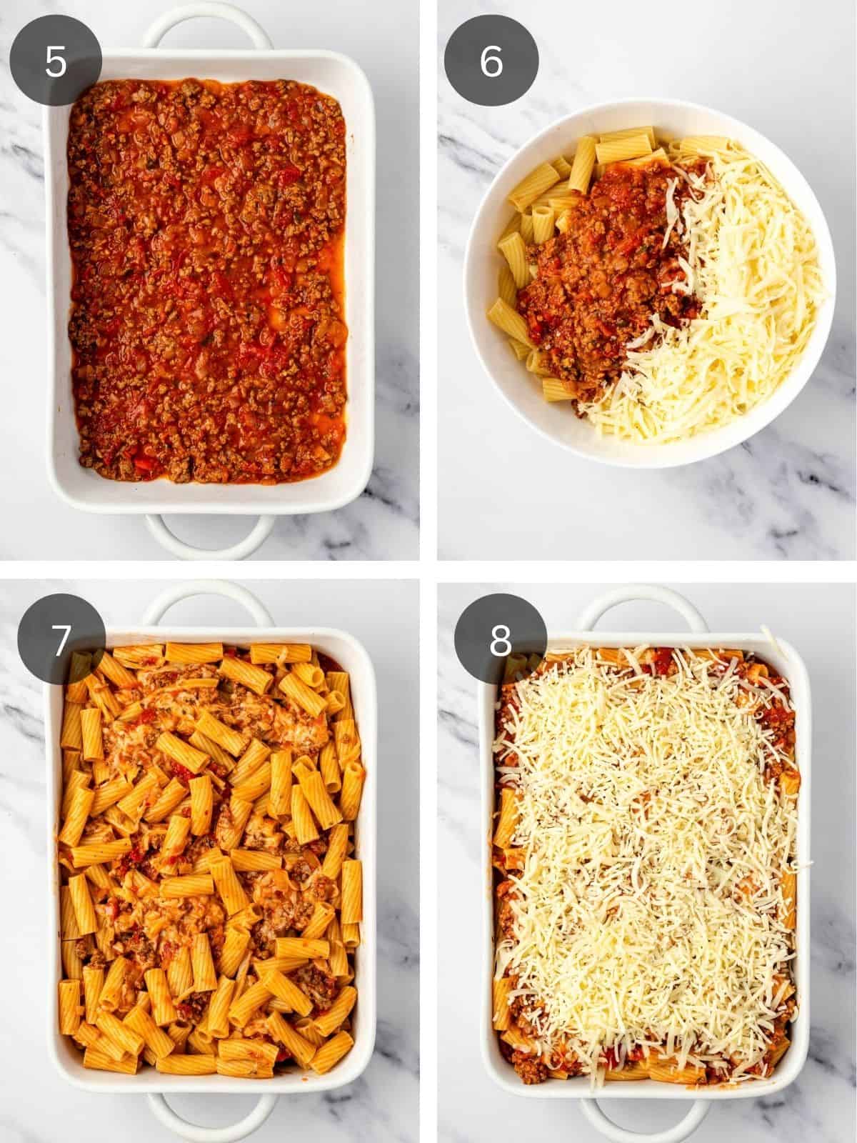 Recipe steps showing how the pasta is layered into the baking dish, and then topped with shredded cheese.