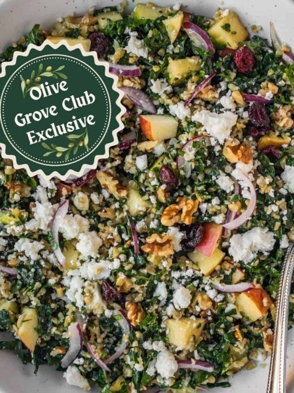 Bowl with apple, freekeh, kale salad garnished with feta, red onion, and cranberries.