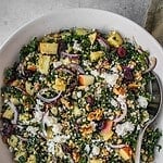 Bowl with apple, freekeh, kale salad garnished with feta, red onion, and cranberries.