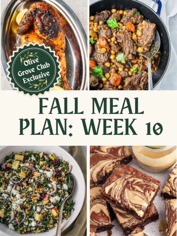 Collage of recipe images including grilled Portuguese chicken, braised beef with chickpeas, kale apple salad and brownies.