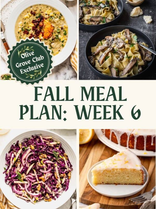 Recipe image collage including corn chowder with bacon, mushroom pasta, purple cabbage slaw and a slice of lemon ricotta cake.