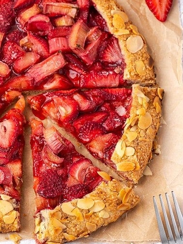 Strawberry rhubarb galette with almond crust.